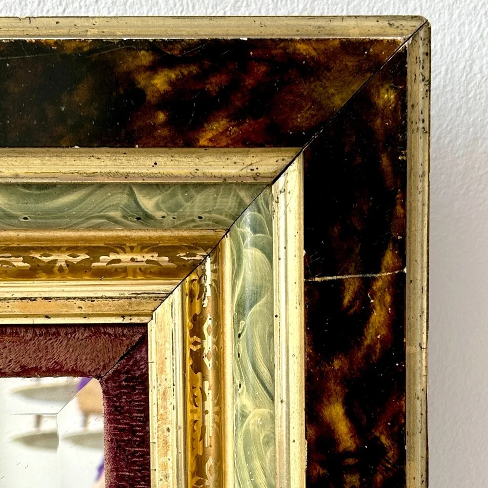 1880's ANTIQUE Large Deep 5 Layer Victorian Beveled Mirror. Velvet w/ Gilt